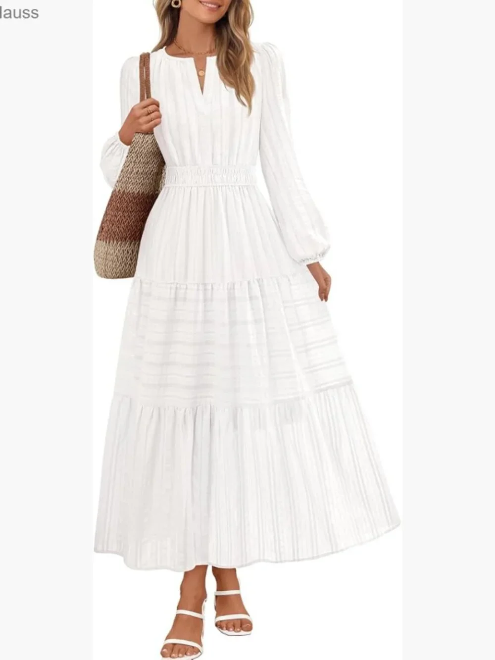 Long Sleeve V Neck Tiered Cotton Maxi Dress with Pockets Midi Casual - Picture 1 of 7